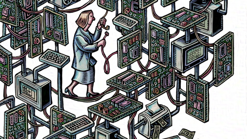 A woman connecting cables in a complex network of computers and circuit boards
