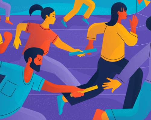 People passing batons while running in a relay race