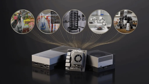 Three different computer boards are shown, with icons above representing retail, logistics, and robotics applications