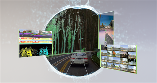 A car on a road surrounded by panels showing camera feeds, LiDAR, and sensor data