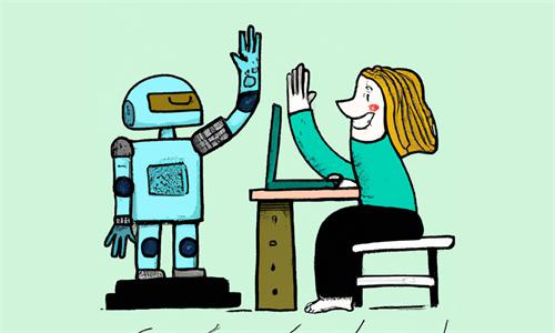 Woman high-fiving a cute robot beside laptop