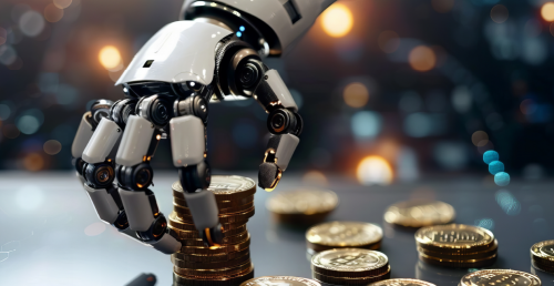 A robotic hand is stacking gold coins