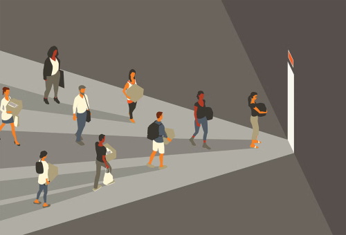 People walking toward a single bright exit door, many carrying boxes or bags