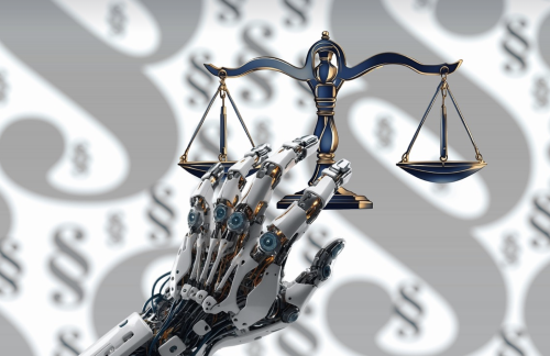A robotic hand reaching toward a balance scale, symbolizing AI and justice