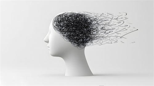 A human head profile with scribbled black thoughts trailing off