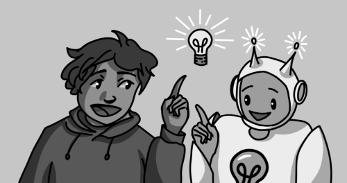 A person and a robot both pointing at a shared lightbulb idea symbol