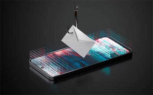 Fishing hook baited with envelope hovering over cellphone