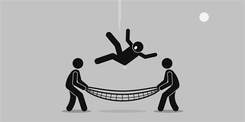 Two stick figures hold a net to catch a falling person, symbolizing teamwork and support.