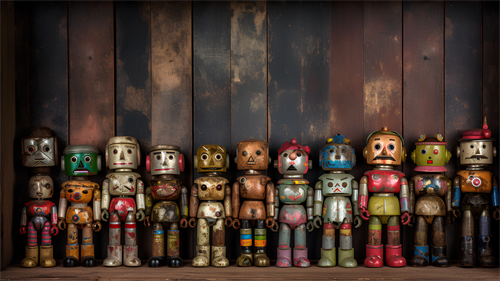 Vintage toy robots lined up on a wooden shelf