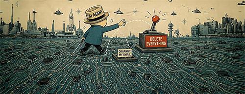 Cartoon AI agent choosing 'Delete Everything' over 'Organize My Email'