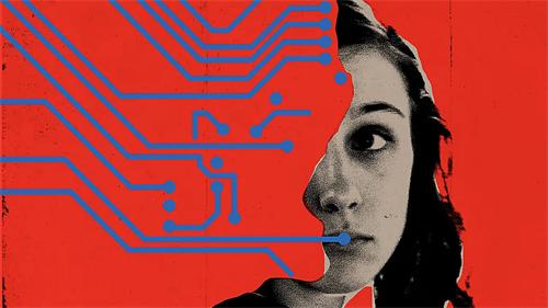 Half-human, half-circuit profile on red background