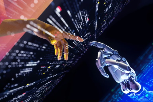 Human hand and robot hand reaching toward each other