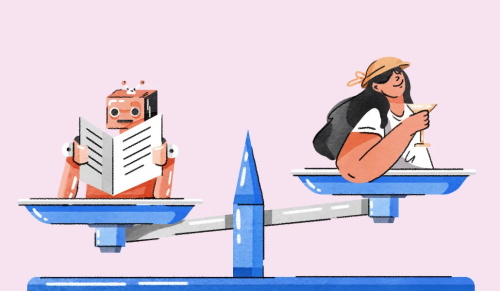 Scale balancing a robot studying and a person relaxing