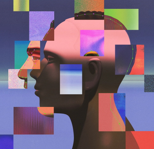 Surreal digital art of a human head profile overlaid with fragmented