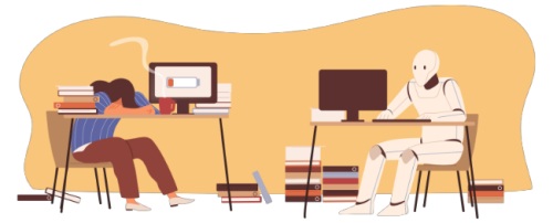Cartoon showing an exhausted human worker vs. a productive robot at desks