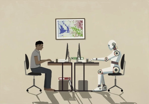 Illustration of a person and robot working side-by-side at desks