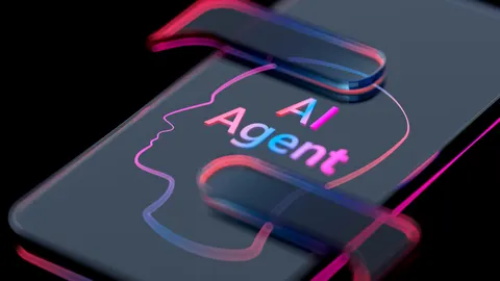 Smartphone screen displaying "AI Agent" text with glowing neon lines forming a human head outline