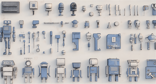 Flat lay of blue and gray robot parts, components, and assembled figures
