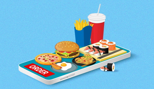 A smartphone displaying various food items like pizza, burgers, sushi, and fries, with an "ORDER" button