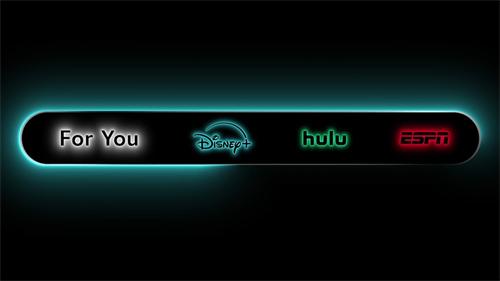 A glowing UI navigation bar showing "For You," Disney+, Hulu, and ESPN+ logos