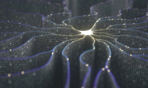 A 3D digital network with binary code patterns converging at a central bright point