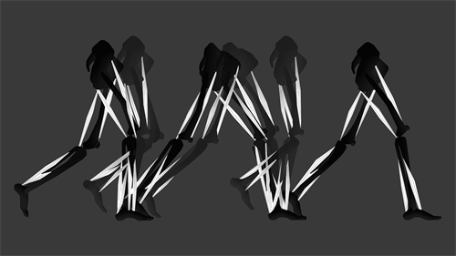 Stylized, overlapping silhouettes of people walking, showing motion trails in black and white