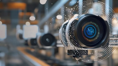 Industrial camera lens with a digital fingerprint scan overlay, set on a factory production line